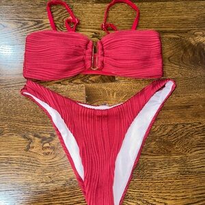 Red Textured Bikini Set